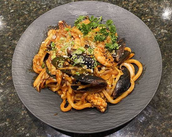 N12. Spicy Seafood Yaki Udon – Welcome to Lab No.1 Asian Bistro